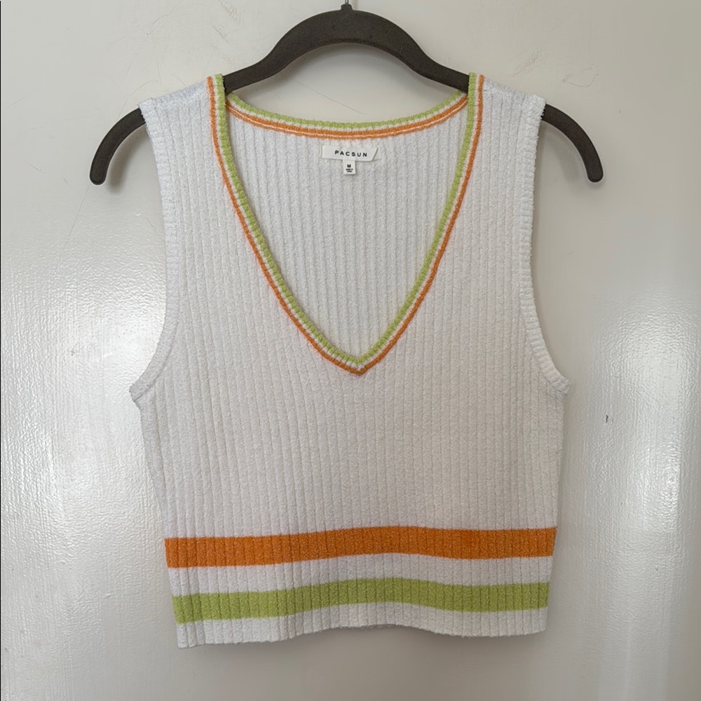 PacSun White Sleeveless Sweater CropTop with Green and Orange Stripes Sz M